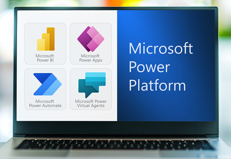 Laptop computer displaying icons of Microsoft Power Platform