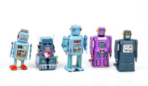 Featured image of five toy robots to accompany jaam automation blog ‘Automating Your Business – the why, what and how.’ Photo by Eric Krull via Unsplash