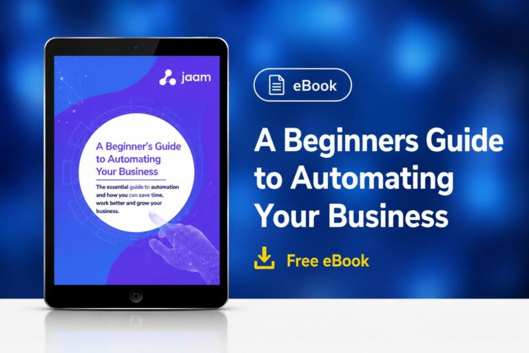 A Beginner's Guide to Automating Your Business eBook by jaam featuring automation best practices for improving business efficiency.