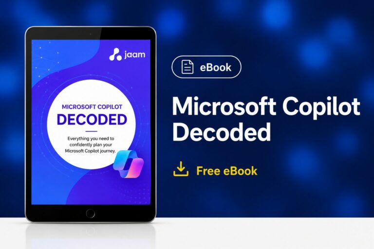 A Practical Guide to Microsoft Copilot Adoption free eBook displayed on a tablet with a blue and purple background promoting a Microsoft Copilot adoption guide.