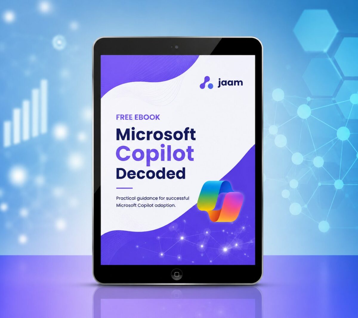 Microsoft Copilot Decoded eBook displayed on a tablet with a modern technology background