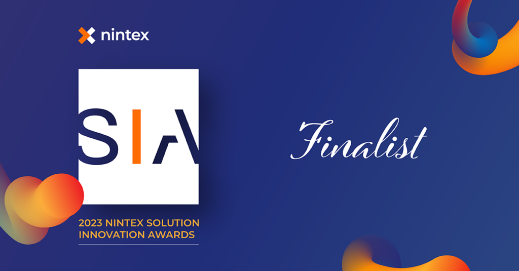 Blue image with graphics indicating that jaam automation is a finalist in the Nintex Solution Innovation Awards 2023