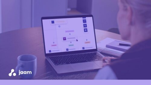 Image of woman looking at laptop screen showing Nintex K2 graphic from Nintex website