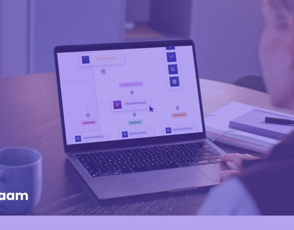 Image of woman looking at laptop screen showing Nintex K2 graphic from Nintex website