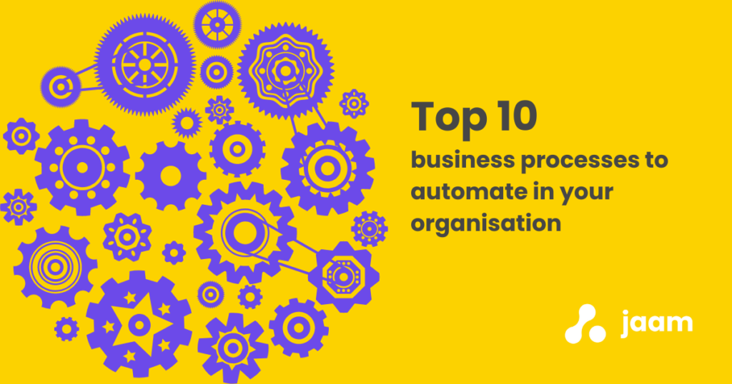 Image showing purple cogs on yellow background with blog title 'Top 10 business processes to automate in your organisation' and jaam automation logo