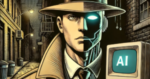 What is agentic AI - image depicting comic noir/AI detective in the foreground of a dark, NYC look alley with a PC to the right.