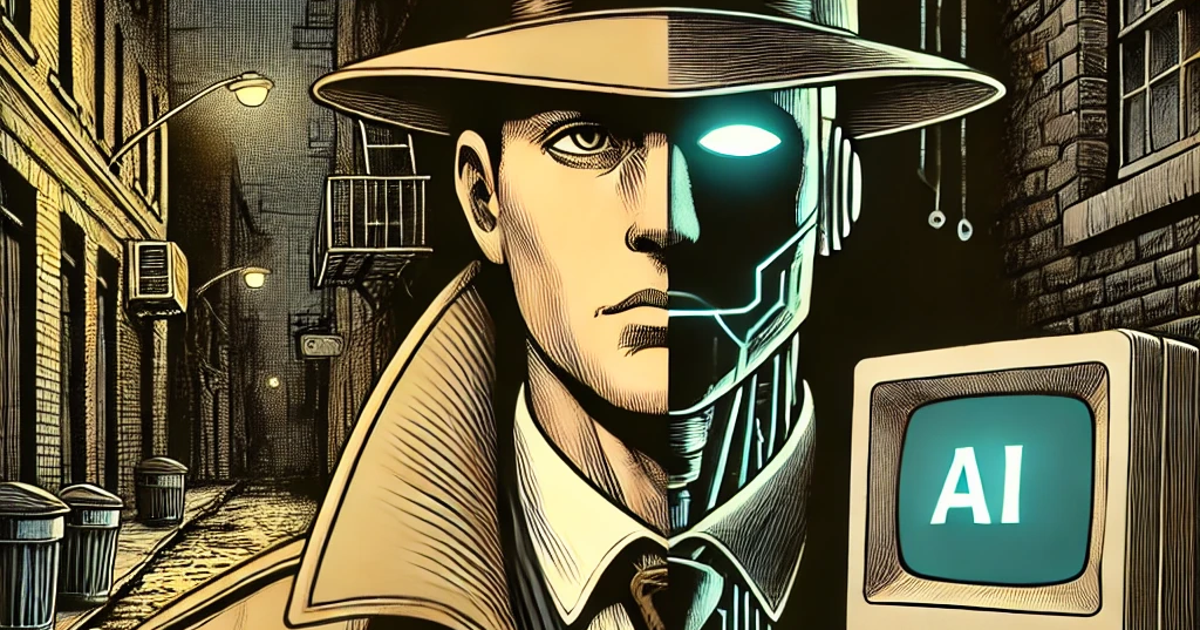 What is agentic AI - image depicting comic noir/AI detective in the foreground of a dark, NYC look alley with a PC to the right.