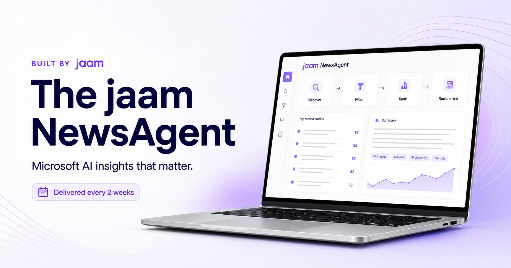 The jaam NewsAgent dashboard delivering practical Microsoft AI insights every two weeks